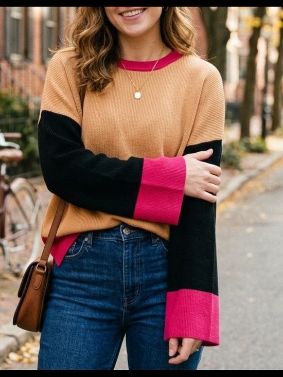 BiBi Sweaters - BiBi Colorblock Knit Sweater NWT Medium Tan Pink Black Wool Blend Oversized